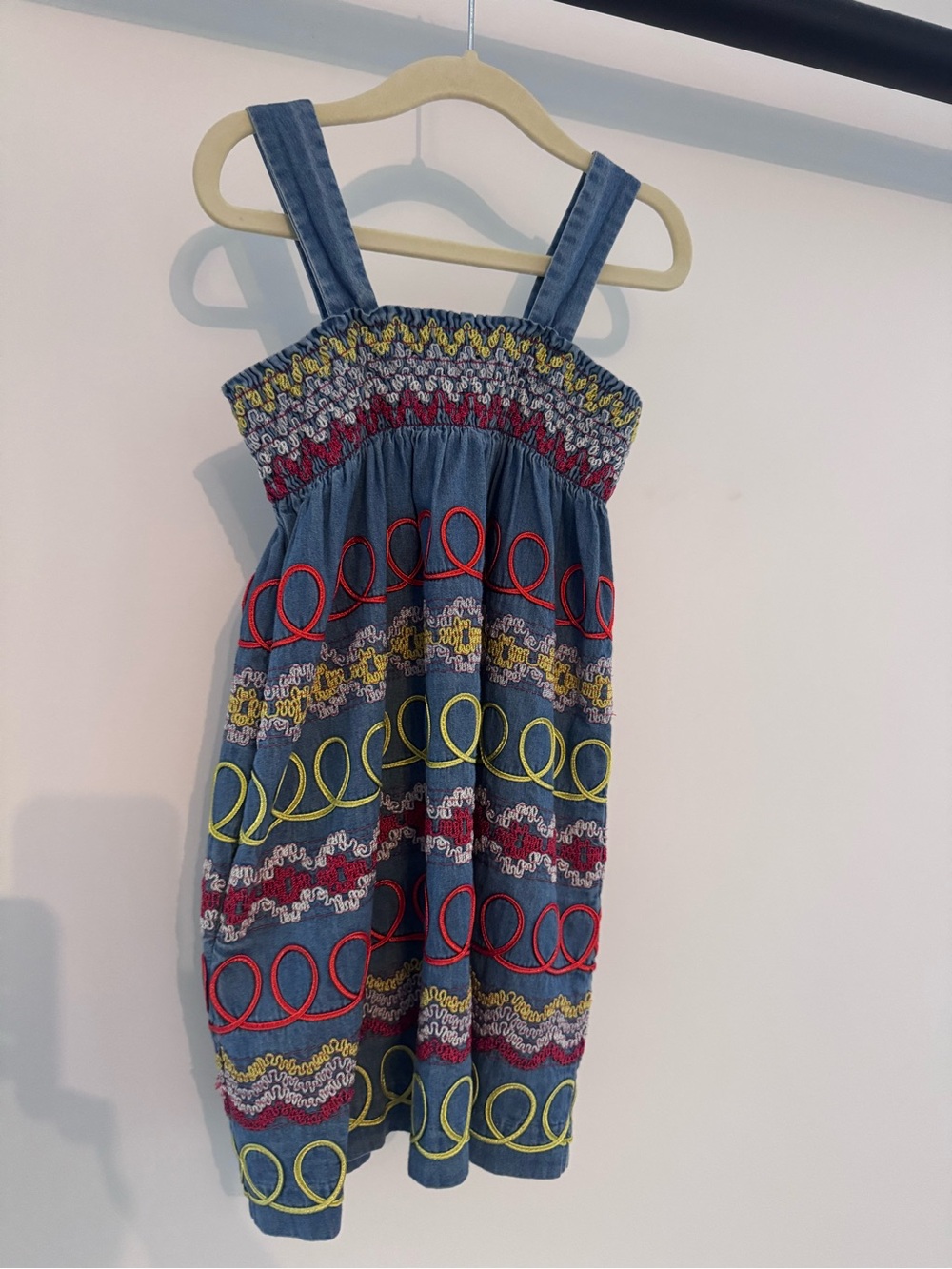 Stella McCartney Kids Blue Denim Sundress with Red & Yellow Embroidery